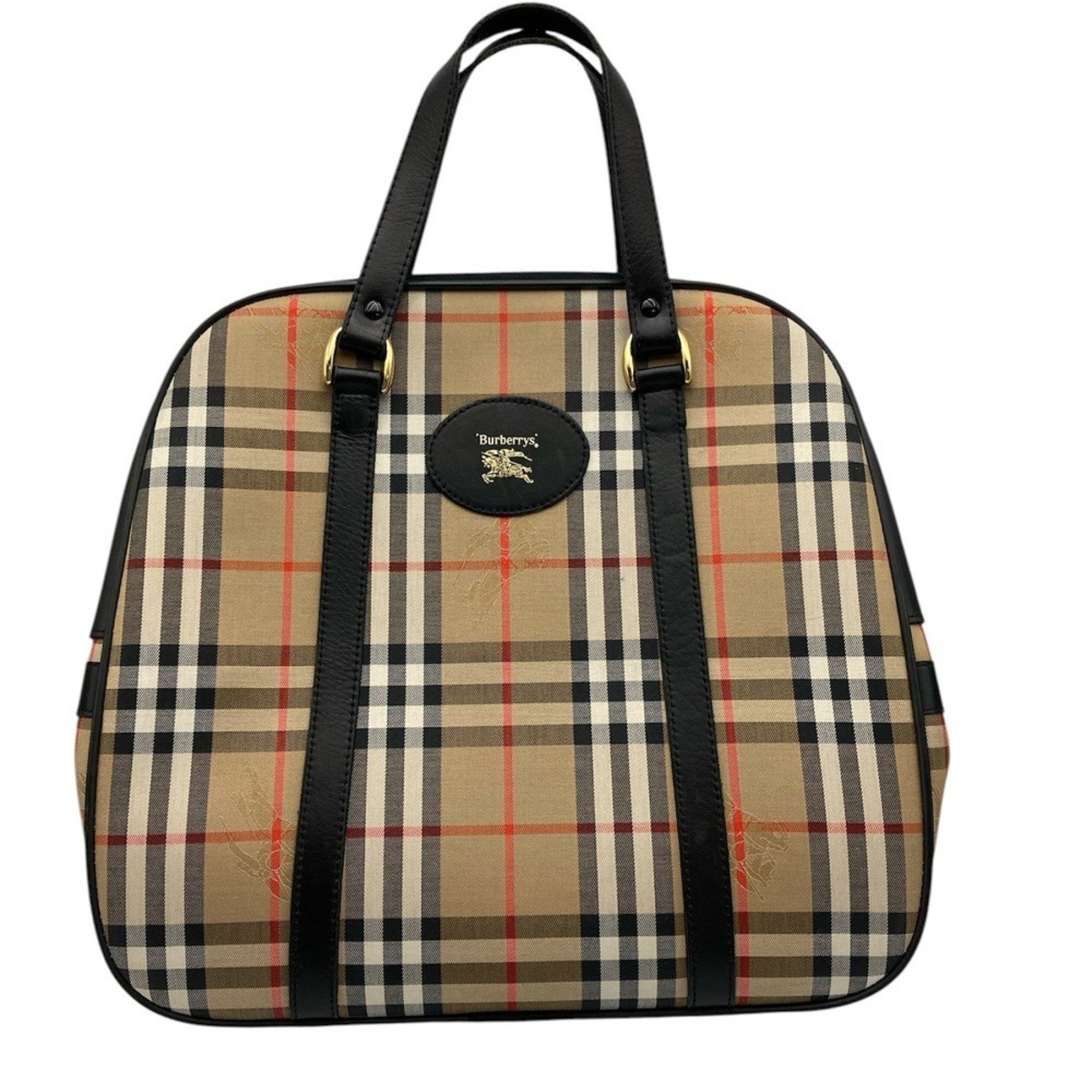 Burberry Beige Vintage Check Tote With Black Trim And Red Accents